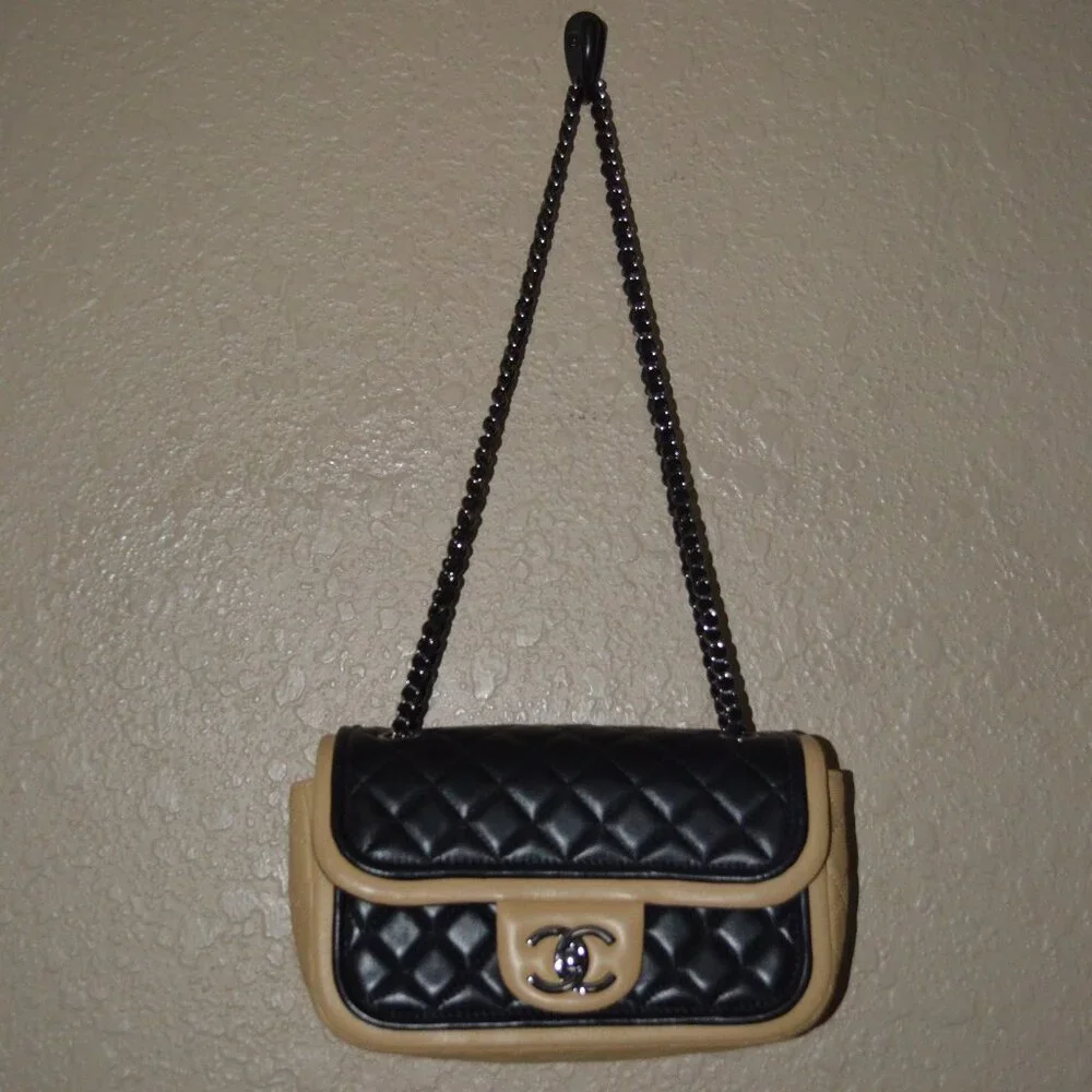 Chanel Black Small Tan Two Tone Flap Chain Strap Crossbody Shoulder Handbag